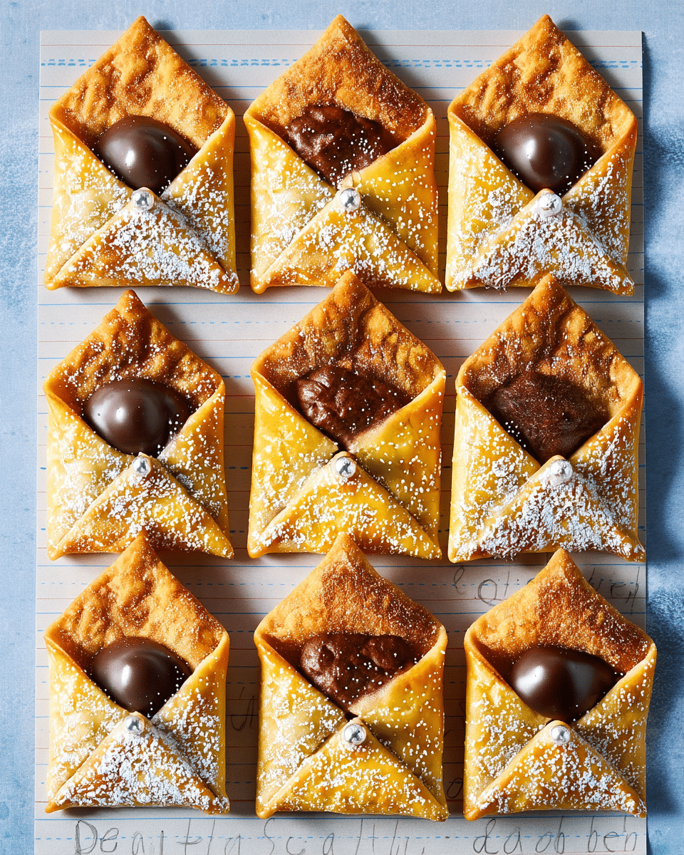 The image shows nine small treats shaped like folded letters arranged in a neat square grid on a white marbled texture with lined notebook paper underneath. Each treat has two visible layers: the outside golden brown pastry that is crisply baked and dusted with powdered sugar and cinnamon, forming an envelope shape with a triangular flap. Inside each envelope is a smooth, dark chocolate filling with a glossy and rich texture. On the tip of each pastry flap is a small silver edible ball decorating the golden pastry. The overall look is warm and inviting with the light dusting giving a snowy effect, placed on a soft blue and white background with faint handwriting in pencil above and below the treats. photo taken with an iphone --ar 4:5 --v 7