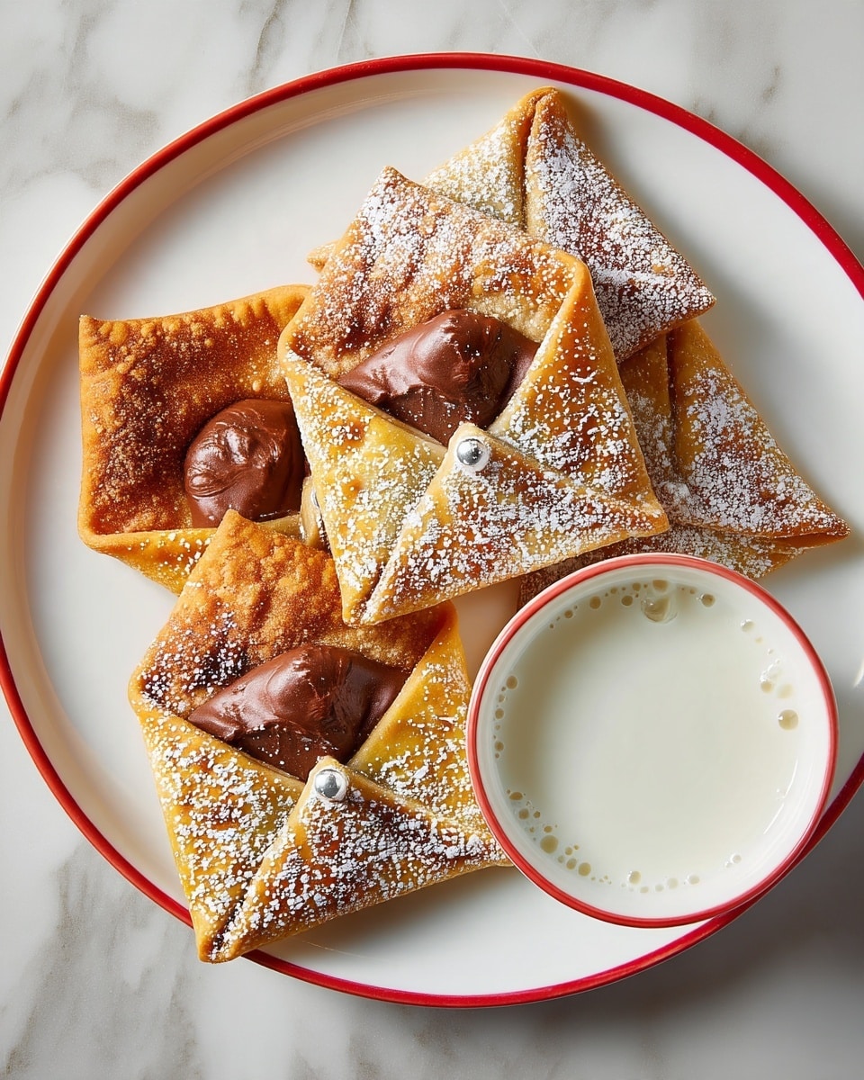 A white plate with a red rim holds five square pastries folded at the corners to form a diamond shape, each filled with a smooth, dark brown chocolate center. The golden-brown pastries have a slightly crisp, textured surface dusted with a light sprinkle of white powdered sugar. Each pastry is decorated with a small silver pearl where two corners meet. Next to the pastries on the plate is a white bowl with a red rim, filled with plain white milk. The scene is set on a white marbled background. photo taken with an iphone --ar 4:5 --v 7