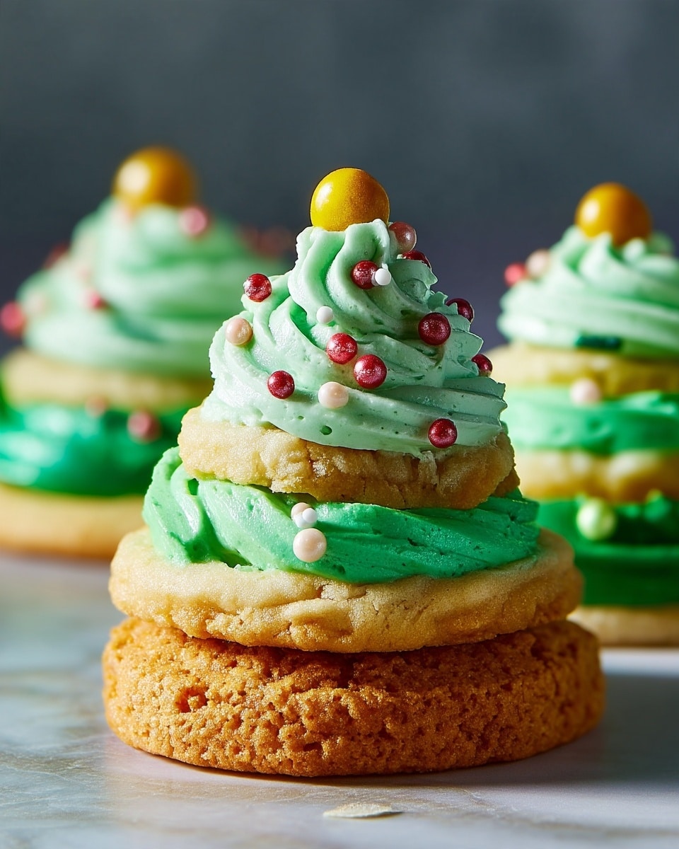 The image shows small cookie stacks with three layers each. The bottom and middle layers are light golden brown cookies with a rough texture. Between the bottom and middle cookie layer is bright green frosting, smooth and piped in a circular motion. On top of the middle cookie rests a swirl of light mint green frosting, fluffy and thick, decorated with small round edible pearls in red, white, and green. A shiny golden-yellow candy ball is placed at the very top of each frosting swirl. These cookie stacks are placed on a white marbled surface with a blurred dark gray background. photo taken with an iphone --ar 4:5 --v 7