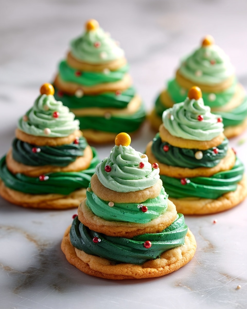 The image shows six small Christmas tree-shaped treats arranged on a white marbled surface. Each treat has three layers of round, light golden cookie bases stacked from largest to smallest going bottom to top. Between the cookie layers is thick, swirled frosting in shades of dark green and lighter mint green, making the shape look like tree branches. The frosting looks creamy and smooth, with the bottom large layer and the middle layer being a deep green, and the top swirled frosting layer a softer mint green. Small round red, white, and green edible beads decorate the frosting, resembling ornaments. On the very top of each tree is a small shiny yellow ball acting as a tree topper. Soft shadows fall underneath, highlighting the texture and height of each treat. photo taken with an iphone --ar 4:5 --v 7