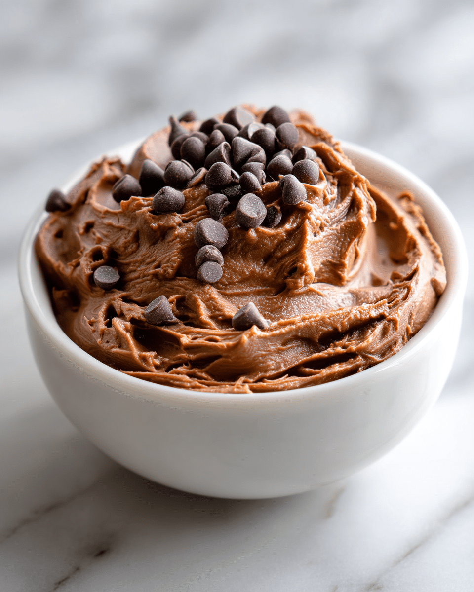 A close-up view of a single layer of smooth, thick, and creamy dark brown chocolate mousse swirled inside a white bowl. The mousse has a glossy texture and is topped with plenty of small, round, dark chocolate chips scattered unevenly across the surface. The white bowl contrasts with the dark brown mousse, and the background shows a hint of a white marbled texture. Photo taken with an iphone --ar 4:5 --v 7