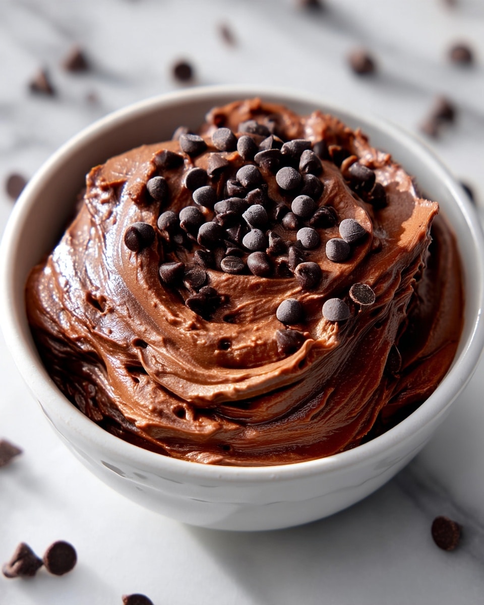 A close-up view of a small white bowl filled with one thick layer of smooth, creamy chocolate mousse that has a rich brown color and soft texture. On top of the mousse, a handful of dark chocolate chips are scattered, adding a contrast in texture and deeper brown shades. The bowl rests on a white marbled surface. photo taken with an iphone --ar 4:5 --v 7