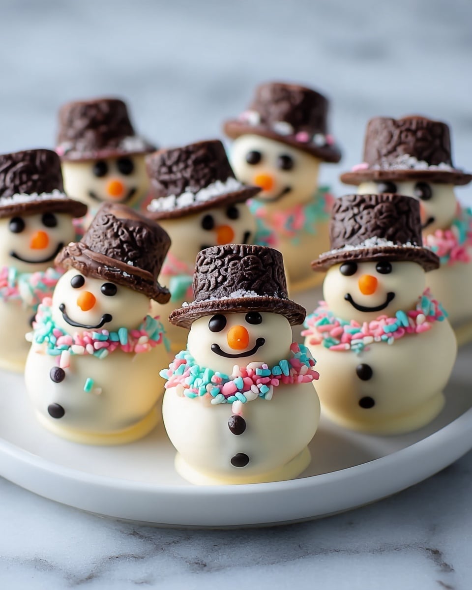 The image shows a group of snowman-shaped treats arranged on a white plate set on a white marbled surface. Each snowman has two layers: the larger bottom layer and smaller top layer, both coated in smooth white chocolate. The faces have small black eyes and smiling mouths, with tiny orange carrot noses. Around the necks, there is a collar made of pink, blue, and white sprinkles adding a colorful texture. On top, each snowman wears a dark brown textured hat, made to look like a cocoa cookie with a white sprinkle band around the base. The overall look is cute, festive, and detailed, perfect for a winter dessert. photo taken with an iphone --ar 4:5 --v 7