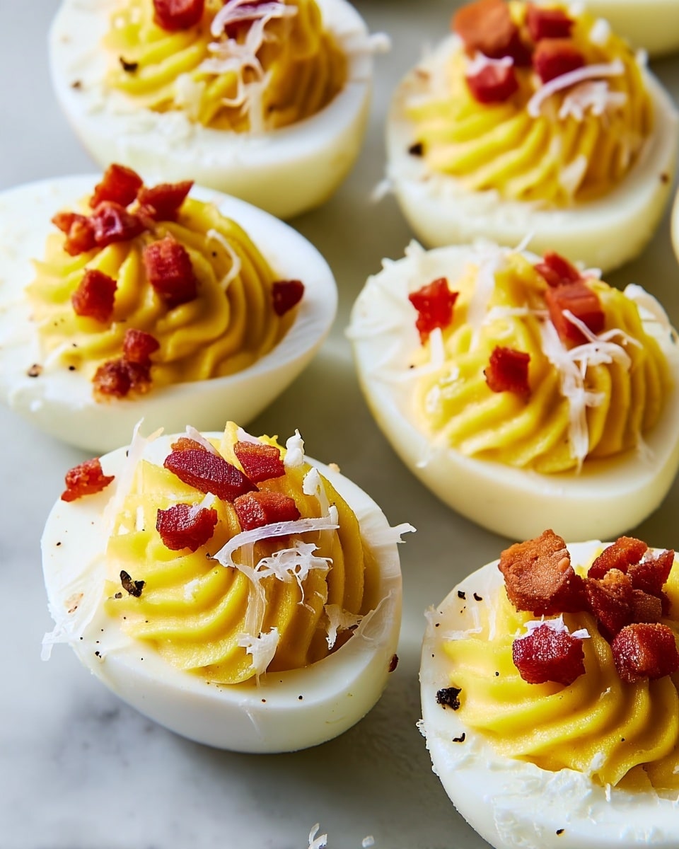 The image shows several deviled eggs arranged closely together on a white marbled surface. Each egg has three visible layers: the smooth, white egg white halves form the base layer, followed by a fluffy, bright yellow yolk mixture piped in a swirl pattern sitting in the center of each half. The top layer consists of small, reddish-brown crispy bacon bits scattered over the yolk filling, along with tiny white shavings and a light sprinkle of black pepper, adding texture and color contrast to the dish. Photo taken with an iphone --ar 4:5 --v 7