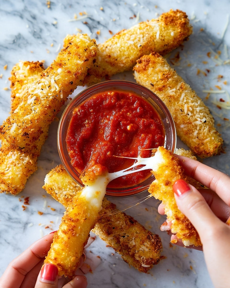 There are six golden brown, crispy fried sticks arranged on a white marbled surface, with the focus on two sticks being pulled apart by a woman's hands, showing melted white cheese stretching between them. In the center, there is a small clear glass bowl filled with bright red marinara sauce that looks thick and slightly chunky. The fried sticks have a textured, crumbly coating with small bits of breading visible. Photo taken with an iphone --ar 4:5 --v 7