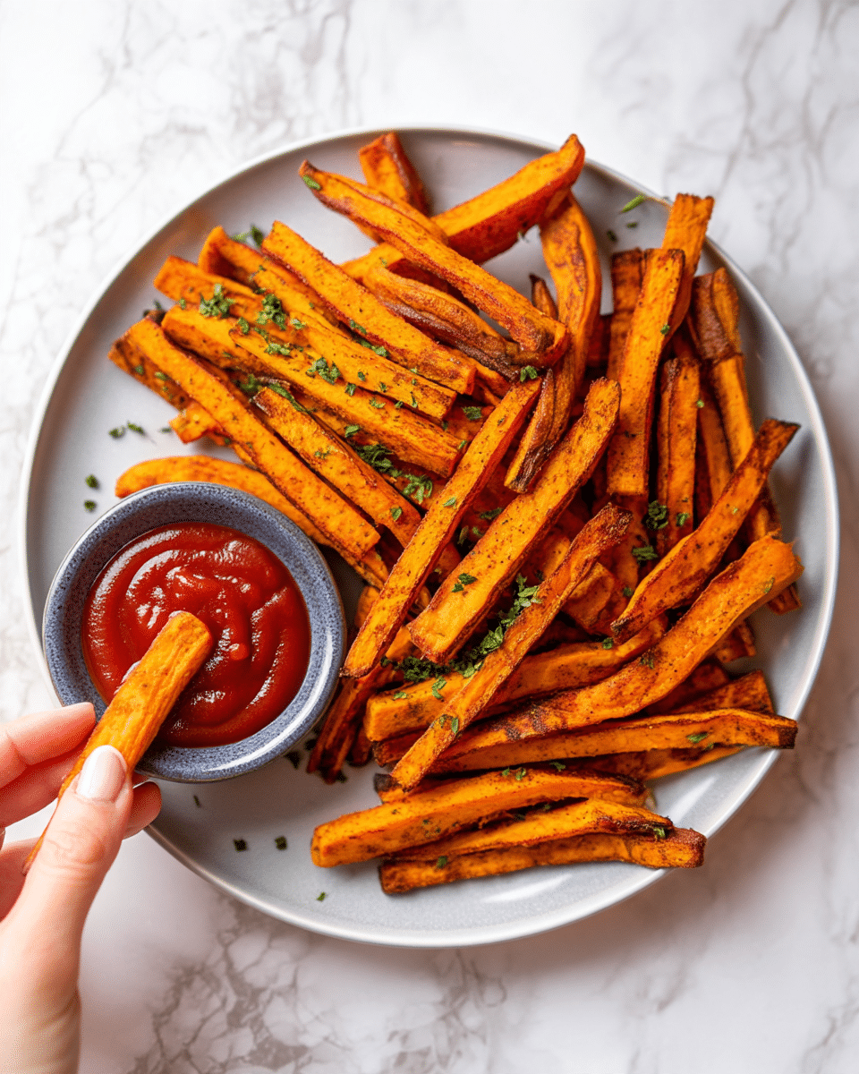 A round white plate is filled with about two layers of long, thick sweet potato fries that are orange with crisp, browned edges, and a few green herb sprinkles on top. On the upper right side of the plate is a small gray bowl of thick, smooth red ketchup, with one fry dipped inside it and held by a woman's hand. The plate sits on a white marbled surface. photo taken with an iphone --ar 4:5 --v 7