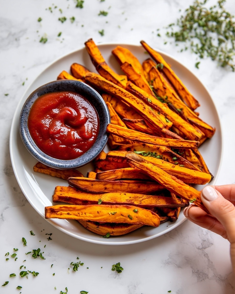 A white plate filled with golden-orange sweet potato fries, showing a slightly burnt and crisp texture on the edges, with small green herb sprinkles scattered on top. On the left side of the plate, there is a smaller gray bowl filled with smooth, thick red ketchup. A woman's hand is holding one fry in the bottom right corner of the image. The whole scene is set on a white marbled surface with some scattered green herbs around. Photo taken with an iphone --ar 4:5 --v 7