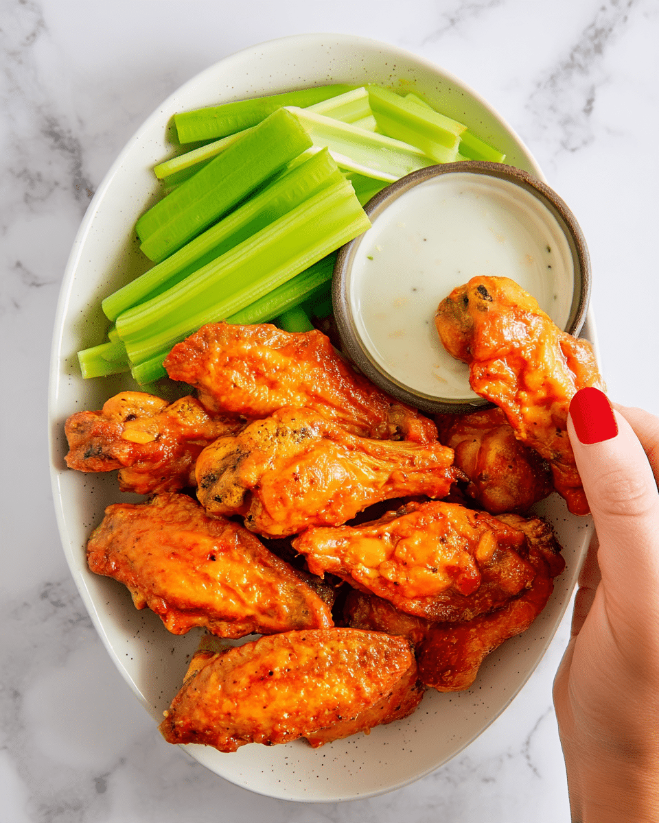 A white oval plate is filled with a single layer of bright orange buffalo chicken wings that have a slightly shiny, textured sauce covering them, showing some crispy browned spots. On the left side of the plate, there are fresh green celery sticks arranged in a small bunch with a smooth surface. On the right, a small cup with a creamy white dipping sauce sits nestled among the wings. A woman's hand with red painted nails is holding one wing, partially dipped in the sauce, highlighting the contrast between the sauce’s smoothness and the wing's rough texture. The background is a white marbled texture. photo taken with an iphone --ar 4:5 --v 7