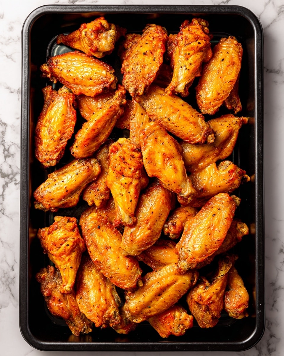 The image shows a tray full of crispy golden-brown chicken wings. The wings are spread out evenly, with some overlapping, showcasing their crunchy skin and a mix of drumettes and wingettes. The chicken skin has a slightly shiny texture with visible seasoning specks, giving it a well-cooked and appetizing look. The tray itself is dark, creating a strong contrast with the warm orange and brown tones of the wings. The background is a white marbled texture. photo taken with an iphone --ar 4:5 --v 7
