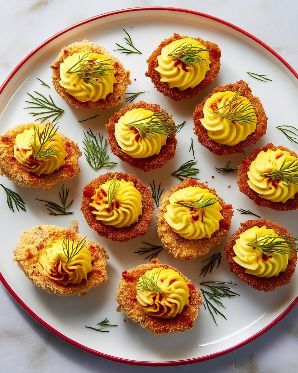 A white plate with a red rim holds 16 deviled eggs arranged in a scattered pattern. Each deviled egg has two layers: the base is a light brown crispy breaded egg white half, and on top is a bright yellow smooth piped yolk mixture with a swirled texture. Each dollop of yolk is garnished with a small green dill sprig and a light dusting of red paprika. Around the eggs on the plate are more small green dill sprigs for decoration. The overall look is neat and colorful, set on a white marbled surface. photo taken with an iphone --ar 4:5 --v 7