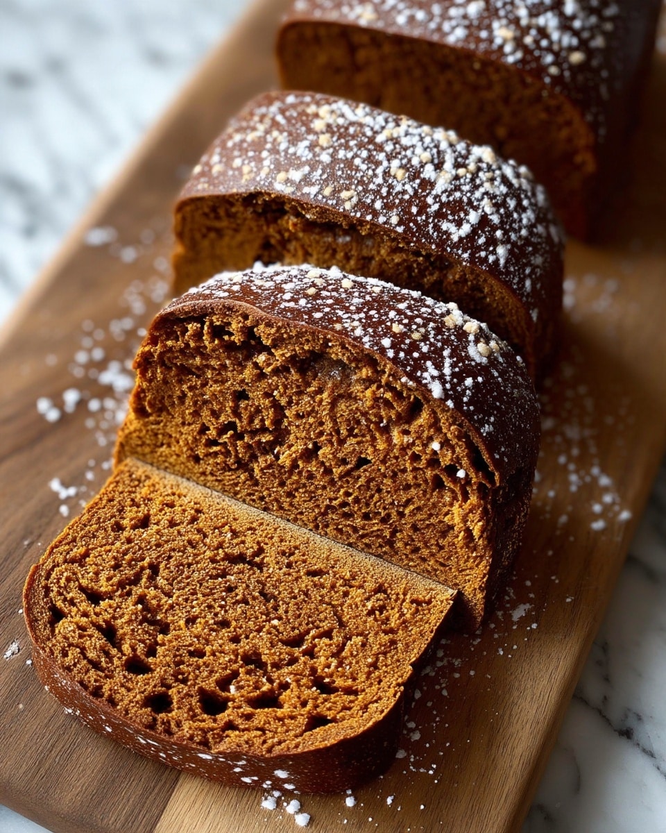 A close-up of a dark brown loaf of bread sliced into three pieces resting on a wooden board. The bread has a dense texture with small air holes inside and a slightly rough crust dusted with white flour. The slices are arranged diagonally, with one lying flat in the foreground and two stacked behind. The surface beneath the board has a white marbled texture. Photo taken with an iphone --ar 4:5 --v 7