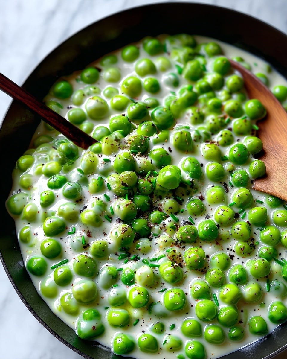 A close-up view of a dish filled with bright green peas covered in a creamy white sauce. The peas are glossy and plump, mixed evenly with the smooth, rich sauce that looks soft and thick. There are small pieces of chopped green herbs sprinkled throughout, along with coarse black pepper flakes spread over the top, adding texture and a touch of color contrast. The dish is shown in a black pan resting on a white marbled surface, with a wooden spoon partly visible on the side. photo taken with an iphone --ar 4:5 --v 7