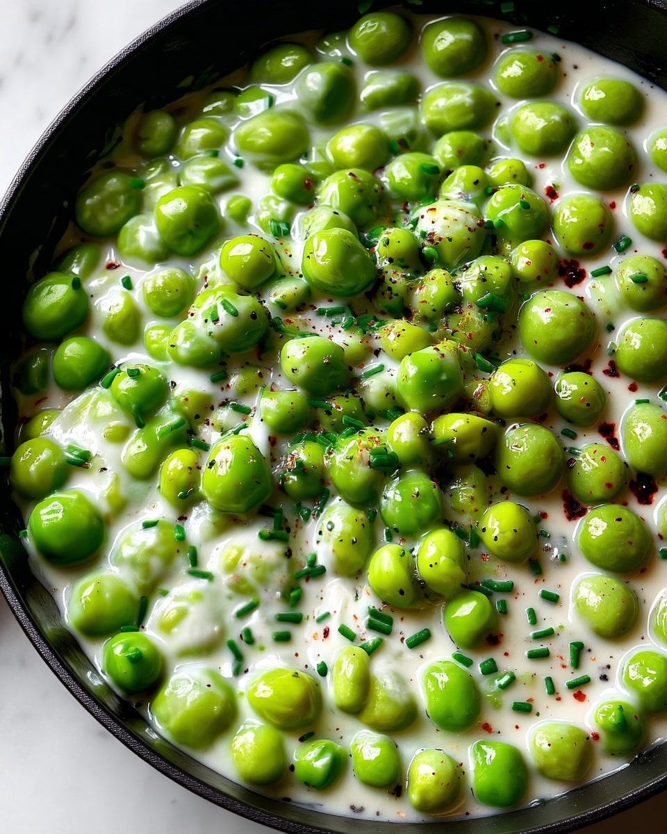The image shows a close-up of a creamy dish with bright green peas covered in a smooth, white sauce. The peas are whole and glossy, sitting closely together in one layer. The sauce looks rich and slightly thick, spreading evenly among the peas. Small pieces of green herbs are sprinkled on top along with black and red pepper flakes, adding texture and contrast. The dish is inside a black pan, and the background is a white marbled texture. photo taken with an iphone --ar 4:5 --v 7