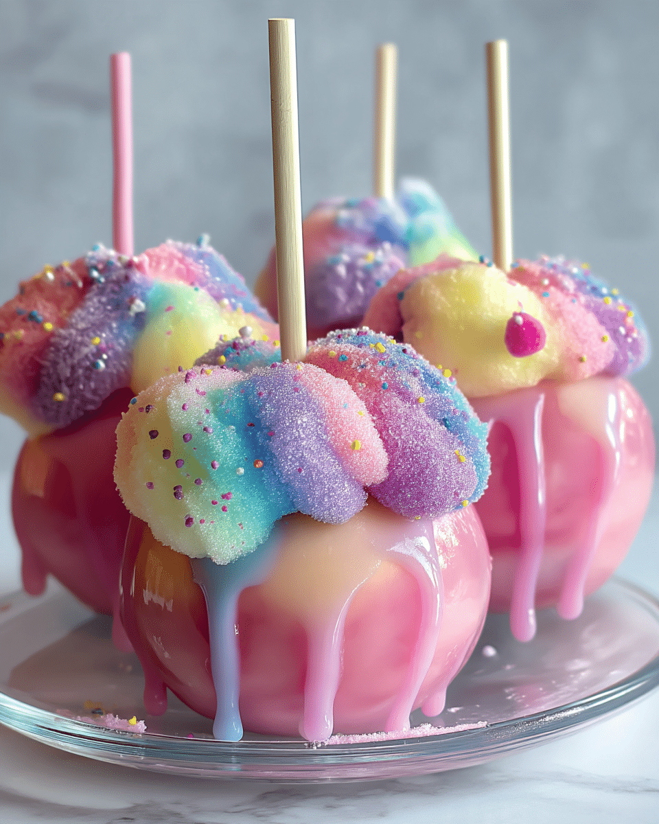 The image shows round candy apples covered in a smooth, shiny pink coating that drips down the sides. Each apple is topped with a thick layer of colorful, sugar-coated cotton candy in swirls of pastel yellow, pink, blue, and purple. Tiny multi-colored sprinkles are scattered all over the cotton candy, adding texture and brightness. Wooden sticks pierce through the center of the cotton candy topping. The candy apples are placed on a clear plate resting on a white marbled surface. photo taken with an iphone --ar 4:5 --v 7