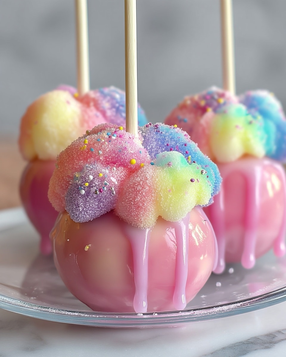 The image shows a close-up of three cake pops with a glossy, smooth pink base coated in shiny glaze that drips slightly down the sides. Each cake pop is topped with a large, fluffy swirl of sugar crystals in pastel colors including pink, yellow, blue, and purple, creating a soft, cloud-like texture. Tiny colorful sprinkles are scattered over the sugar swirl, adding small pops of yellow, white, blue, and purple. The cake pops are held by light wooden sticks standing straight up from the center of the swirl, and they sit on a clear glass surface with a white marbled texture underneath. photo taken with an iphone --ar 4:5 --v 7