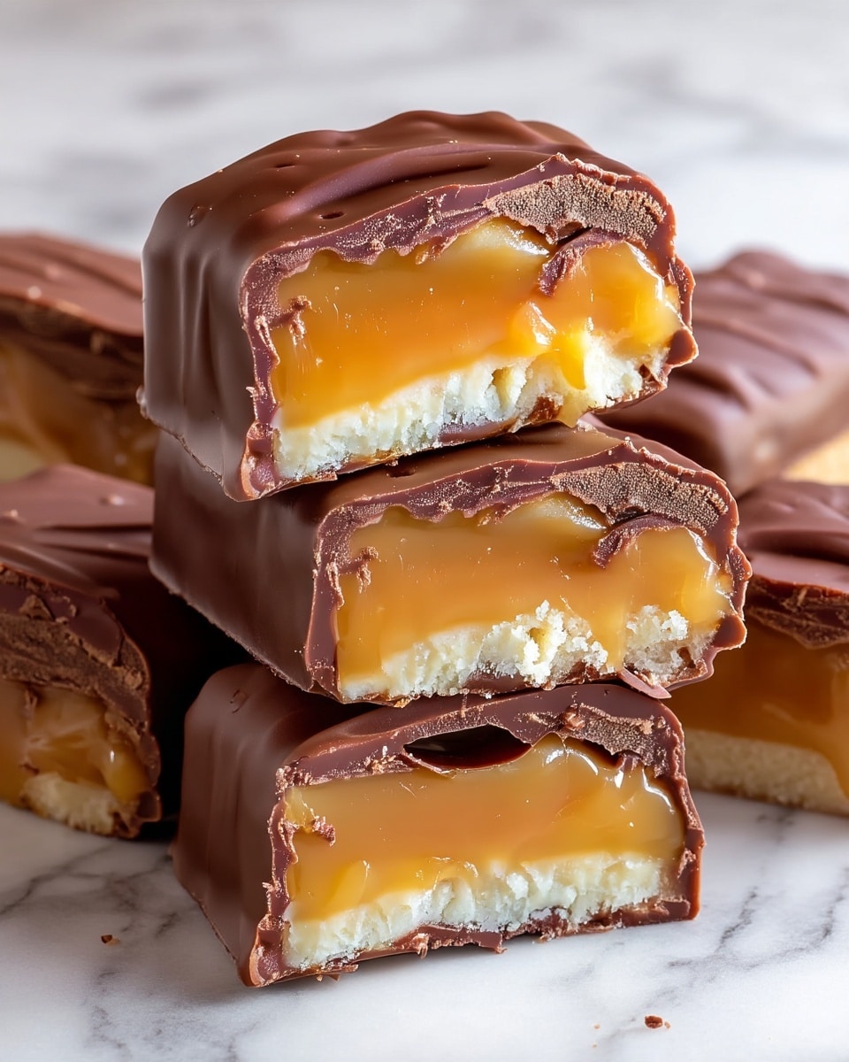 The image shows several chocolate-covered candy bars stacked close together on a white marbled surface. Each candy bar has three clear layers: a smooth, shiny dark chocolate outer layer that is slightly wrinkled; beneath the chocolate is a thick, golden caramel layer with a glossy, slightly sticky texture; and at the bottom, a pale beige shortbread-like layer that looks crumbly and firm. One candy bar is cut in half and placed on top of another, clearly showing the three distinct layers. The chocolate has small cracks and chips around the edges where the bars are broken. Photo taken with an iphone --ar 4:5 --v 7