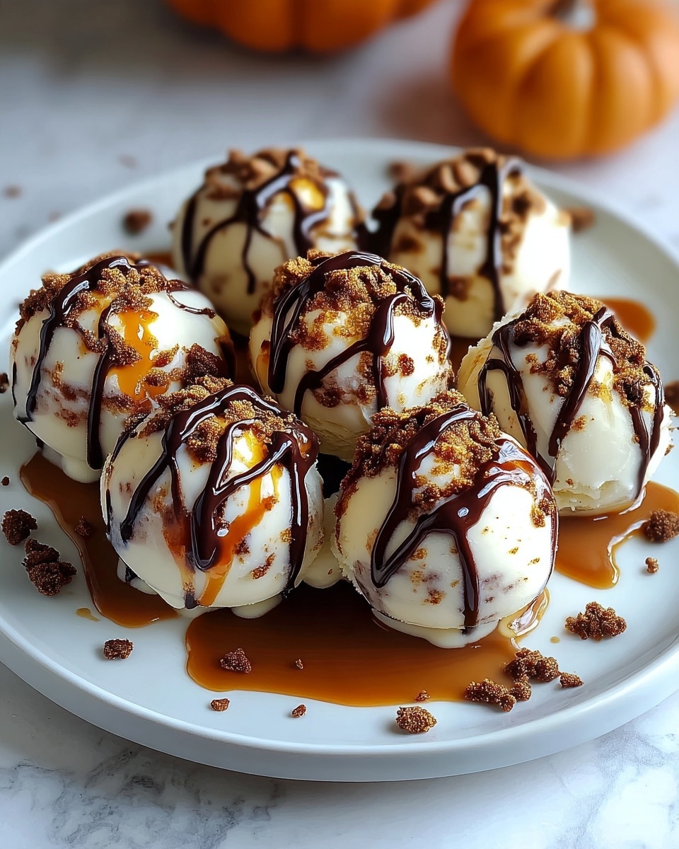 The image shows seven round scoops of white ice cream arranged on a white plate, each scoop topped with dark chocolate drizzle and golden caramel sauce that lightly drips down the sides. Crumbled brown bits are sprinkled generously over the tops of the scoops and scattered on the plate, blending with the caramel sauce pooling beneath. The scoops look smooth and creamy, set against a soft, out-of-focus background with hints of orange shapes, suggesting pumpkins. The whole scene sits on a white marbled surface. Photo taken with an iphone --ar 4:5 --v 7