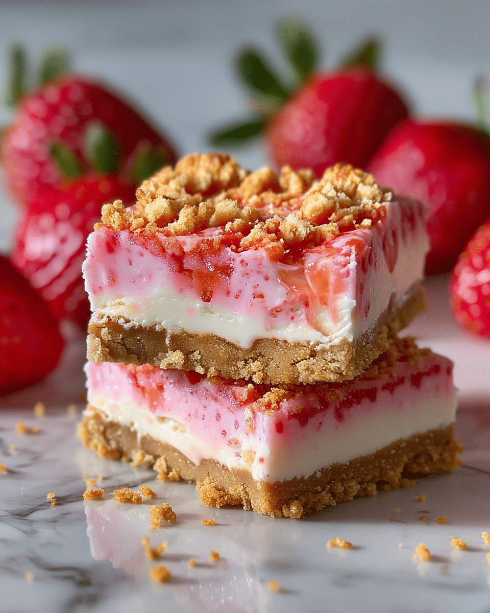 The image shows two stacked dessert bars with three visible layers. The bottom layer is a crumbly, golden-brown crust with a rough texture. The middle layer is a smooth, creamy white filling. The top layer is a glossy pink strawberry mixture with small pieces of strawberry and is sprinkled with golden crumb toppings. The desserts are placed on a white marbled surface with fresh red strawberries blurred in the background. Photo taken with an iphone --ar 4:5 --v 7