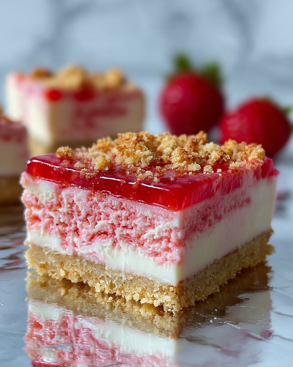 The image shows two square slices of a layered dessert stacked on top of each other. The bottom layer is a light golden crumb crust, firm and compact. Above this is a thick creamy white layer, smooth in texture. Next comes a light pink layer with a slightly fluffy and mousse-like texture, mixed with some red streaks that look like strawberry. The top layer is a glossy red strawberry glaze, unevenly spread with small bits of crumbly golden topping scattered generously. The dessert is placed on a reflective silver surface with blurred slices and a whole strawberry in the background, set against a white marbled texture. photo taken with an iphone --ar 4:5 --v 7