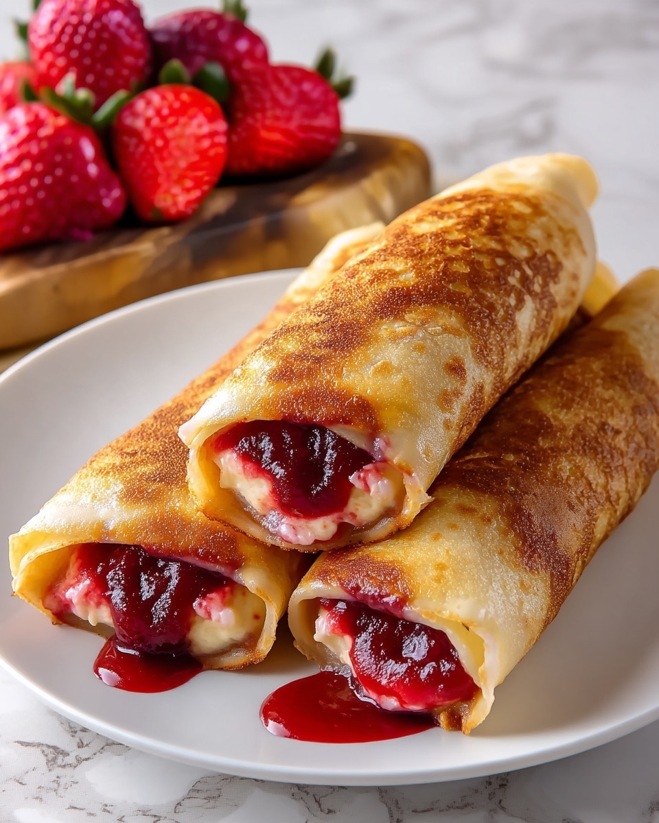 The image shows three crepes on a white plate, with two stacked and one cut in half on top, exposing the inside layers. Each crepe has a golden-brown, slightly crispy outer layer. Inside, there are two visible layers: a creamy, light beige filling at the bottom and a thick, glossy deep red berry jam on top, which is slightly dripping onto the plate. In the background, fresh red strawberries rest on a wooden board, all set against a white marbled surface. Photo taken with an iphone --ar 4:5 --v 7