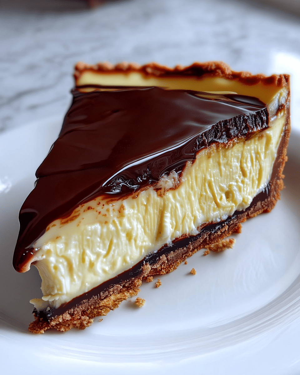A close-up of a slice of pie with four visible layers on a white plate. The bottom layer is a crumbly light brown crust, above it is a thin dark chocolate layer, then a thick creamy pale yellow cheesecake layer, and on top is a thick, glossy dark chocolate layer with a smooth texture. The background is a white marbled texture. Photo taken with an iphone --ar 4:5 --v 7