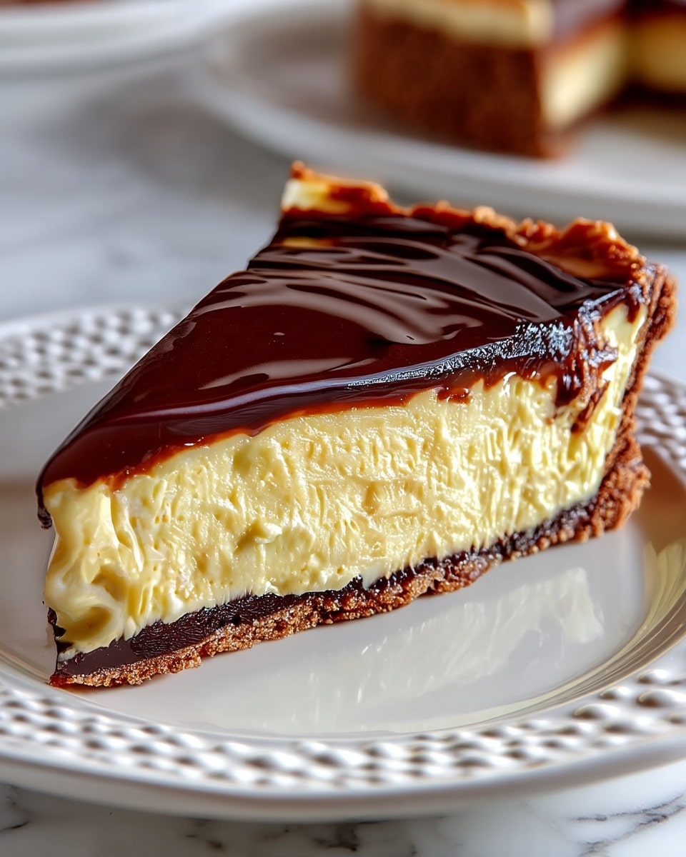 A slice of pie with three visible layers sits on a white plate with a patterned rim, placed on a white marbled surface. The base layer is a crumbly brown crust, firm and textured. Above it is a thick, creamy, pale yellow filling that looks smooth and soft. The top layer is a shiny, dark chocolate glaze that is evenly spread and slightly glossy. The pie slice's edges show a bit of the chocolate layer dripping onto the crust. Photo taken with an iphone --ar 4:5 --v 7
