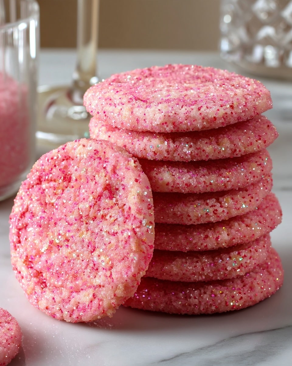 A stack of seven round cookies is shown on a white plate set against a white marbled texture. The cookies are soft pink in color with a slightly rough surface covered in sparkly pink sugar crystals that catch the light, giving them a shimmering appearance. The top cookie is leaning slightly forward, showing a detailed close-up of its sugary texture. The overall look is bright and festive with a delicate, sugary coating. photo taken with an iphone --ar 4:5 --v 7