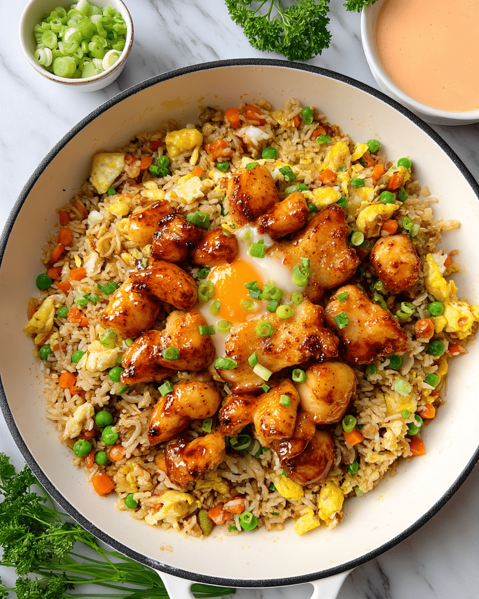 A white pan filled with two visible layers: the bottom layer is fried rice with pieces of scrambled yellow eggs, small green peas, and diced orange carrots mixed evenly throughout a light brown rice base; on top, there is a layer of glazed, golden-brown chicken chunks arranged in the center, sprinkled lightly with green onion slices. The pan is placed on a white marbled surface, with small bowls of chopped green onions and a light pink-orange sauce nearby, along with sprigs of green parsley to the side. photo taken with an iphone --ar 4:5 --v 7