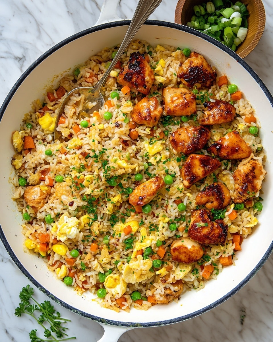 A large white pan filled with fried rice showing three main layers: the base of light brown cooked rice mixed with small bright green peas and diced orange carrots, the middle layer of scrambled yellow eggs scattered evenly, and the top layer of golden-brown grilled chicken pieces placed all around, adding texture. A silver spoon rests on the rice, partly submerged in the mixture. In the background, a small wooden bowl with chopped green onions sits on a white marbled surface, with some green herbs partially visible on the edge. photo taken with an iphone --ar 4:5 --v 7