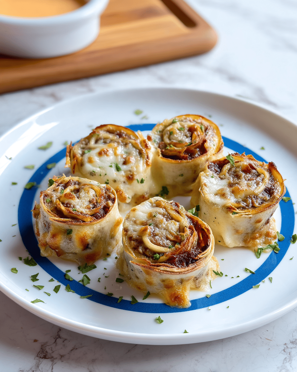 A close-up view of multiple pizza rolls arranged tightly in a light blue baking dish, each roll showing two layers: a golden-brown crispy bread base and a top layer of melted white cheese dotted with small browned spots, sprinkled with green herbs. The rolls are neatly packed in rows, creating a textured pattern, with some rolls having slightly browned edges. The dish sits on a light brown surface, and the background features a white marbled texture. Photo taken with an iphone --ar 4:5 --v 7
