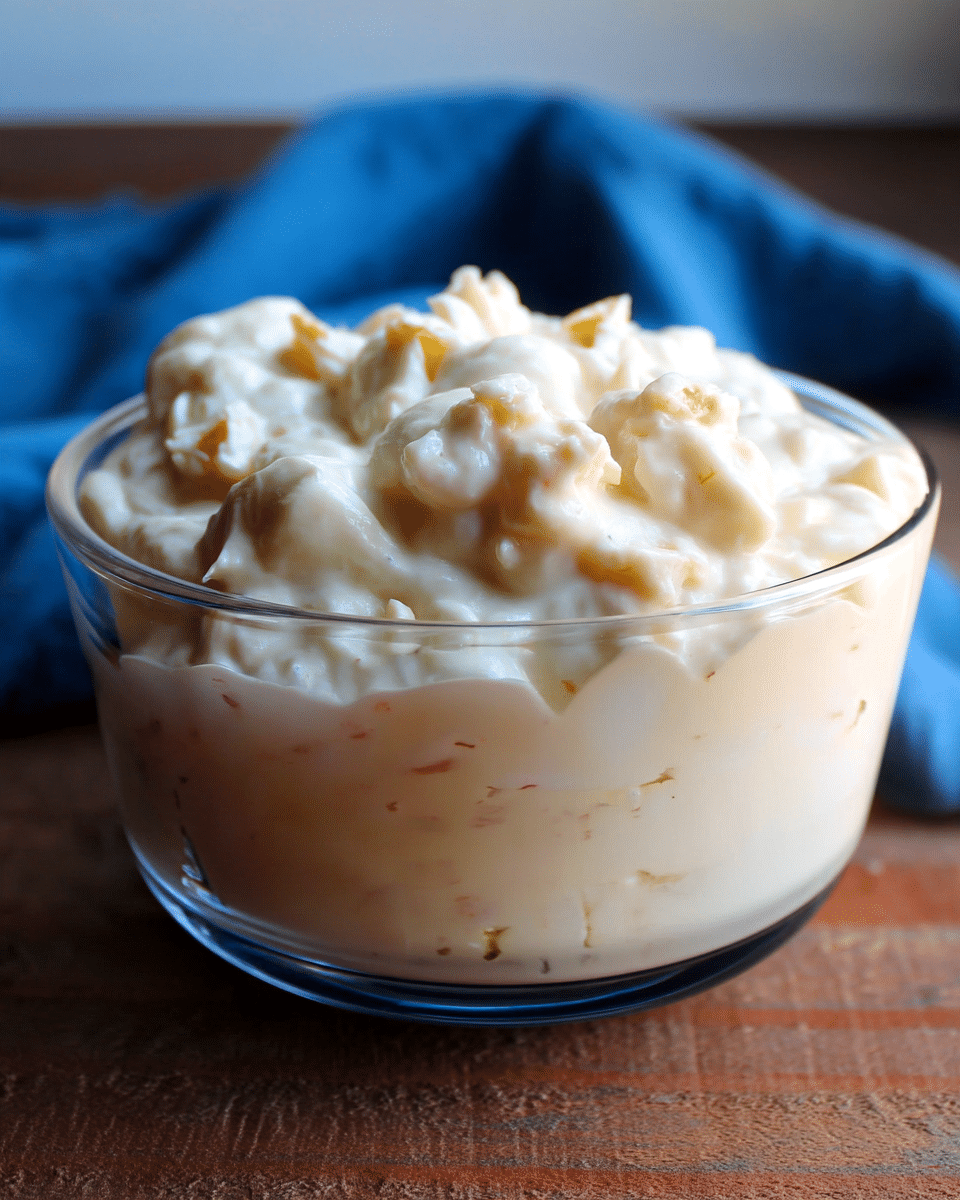 A clear glass bowl filled with a creamy, thick mixture that has a light beige color with small lumps scattered throughout, giving it a chunky texture. The bowl sits on a wooden surface with a blurred blue cloth in the background. The creamy mixture fills the bowl almost to the top, showing soft peaks and a rich texture. photo taken with an iphone --ar 4:5 --v 7