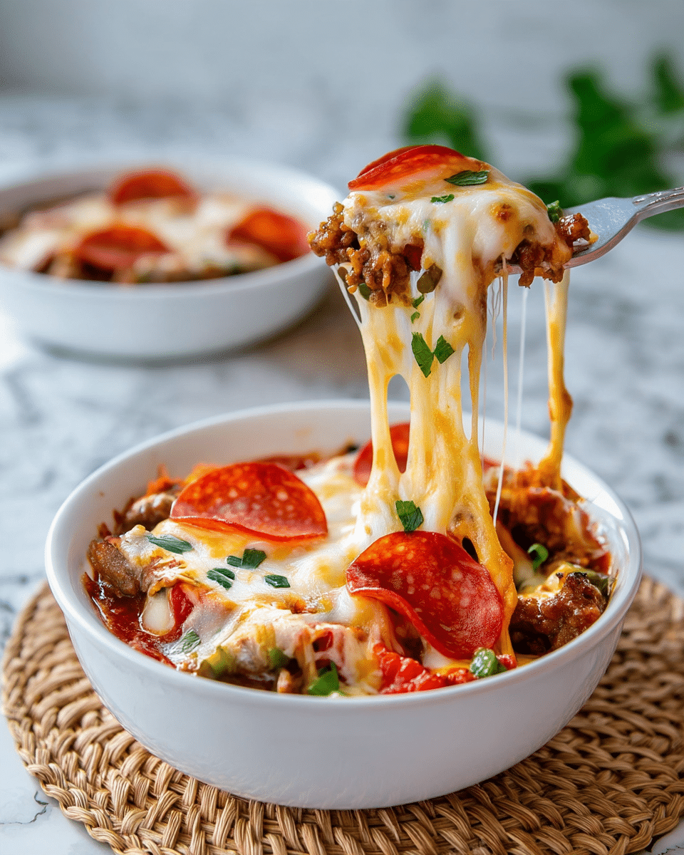 The image shows a white bowl filled with a layered baked dish, starting with a rich red tomato sauce base, topped by a mix of browned ground meat and diced vegetables with green and red colors. Above this is a thick, creamy melted cheese layer, golden and bubbly, with several bright red pepperoni slices scattered on top. A fork lifts a portion of the dish, stretching gooey, melted cheese with a stringy texture, while small bits of fresh green herbs are sprinkled over the cheese. The bowl rests on a woven mat over a white marbled surface with a blurred bowl of a similar dish in the background, bright and clean lighting highlighting the vibrant colors. Photo taken with an iphone --ar 4:5 --v 7