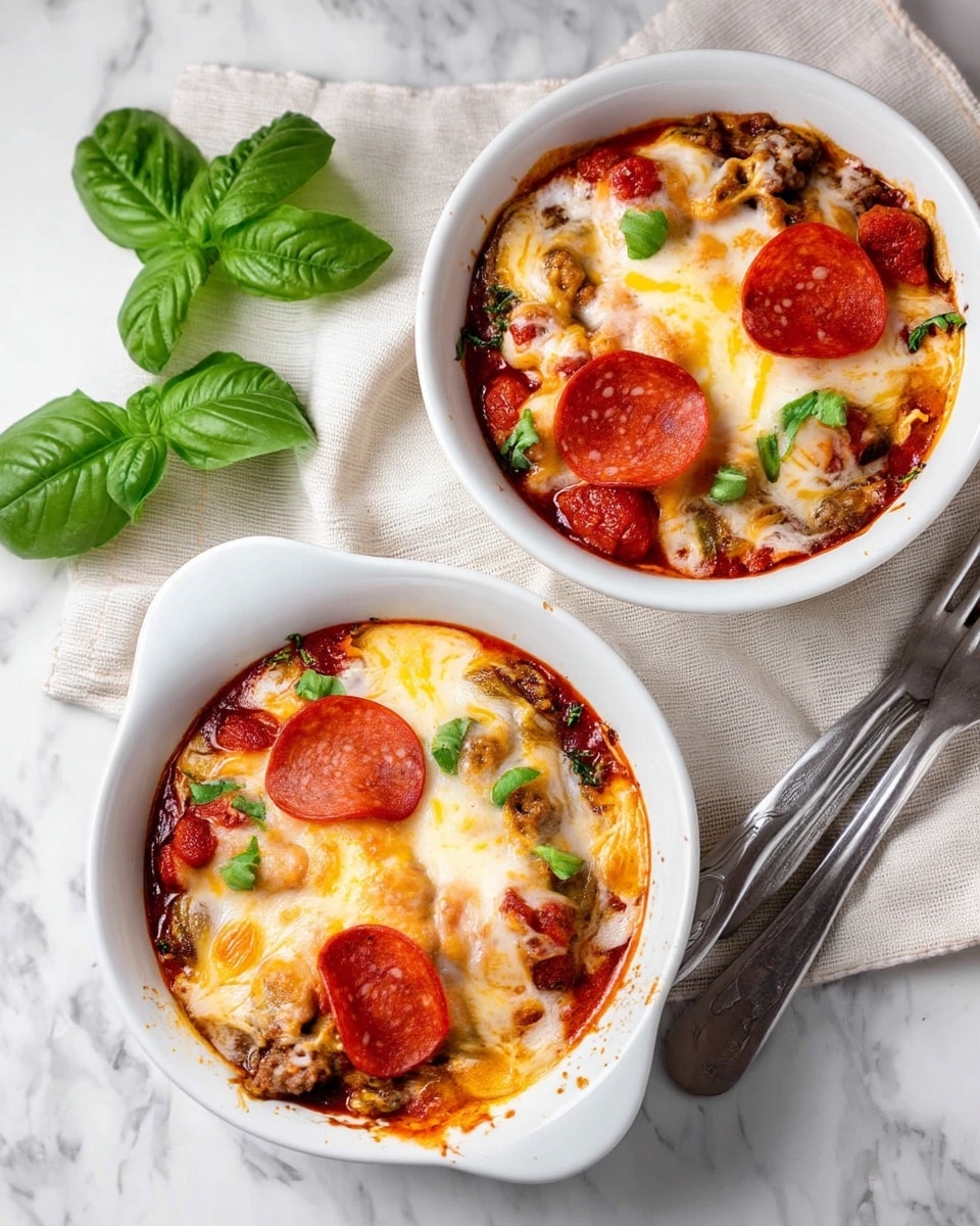 Two white bowls of baked casserole sit on a white marbled surface, each filled with visible layers starting with a rich red tomato base, followed by a browned meat and vegetable mixture with bits of green herbs, topped with a melted, bubbly layer of yellowish-white cheese that covers most of the top. Three bright red pepperoni slices are placed on top of each casserole, and fresh green basil leaves are scattered on the cheese and around the bowls. The bowls are placed on neutral textured cloths, with a metal fork beside one bowl and a bunch of basil leaves nearby. Photo taken with an iphone --ar 4:5 --v 7