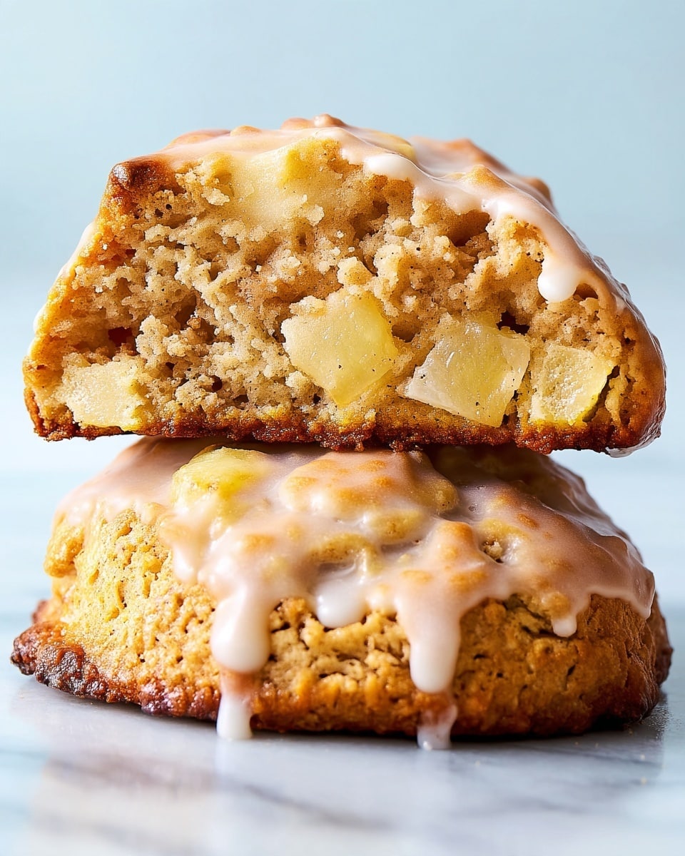 A close-up view of a single rough-textured, golden brown cookie resting on a metal cooling rack above a white marbled surface, with a thick, creamy white icing being poured slowly from a white spoon onto the top center of the cookie, covering it partially and creating a smooth, glossy layer. In the blurred background, there are a few more similar cookies, some with icing already spread on top. photo taken with an iphone --ar 4:5 --v 7