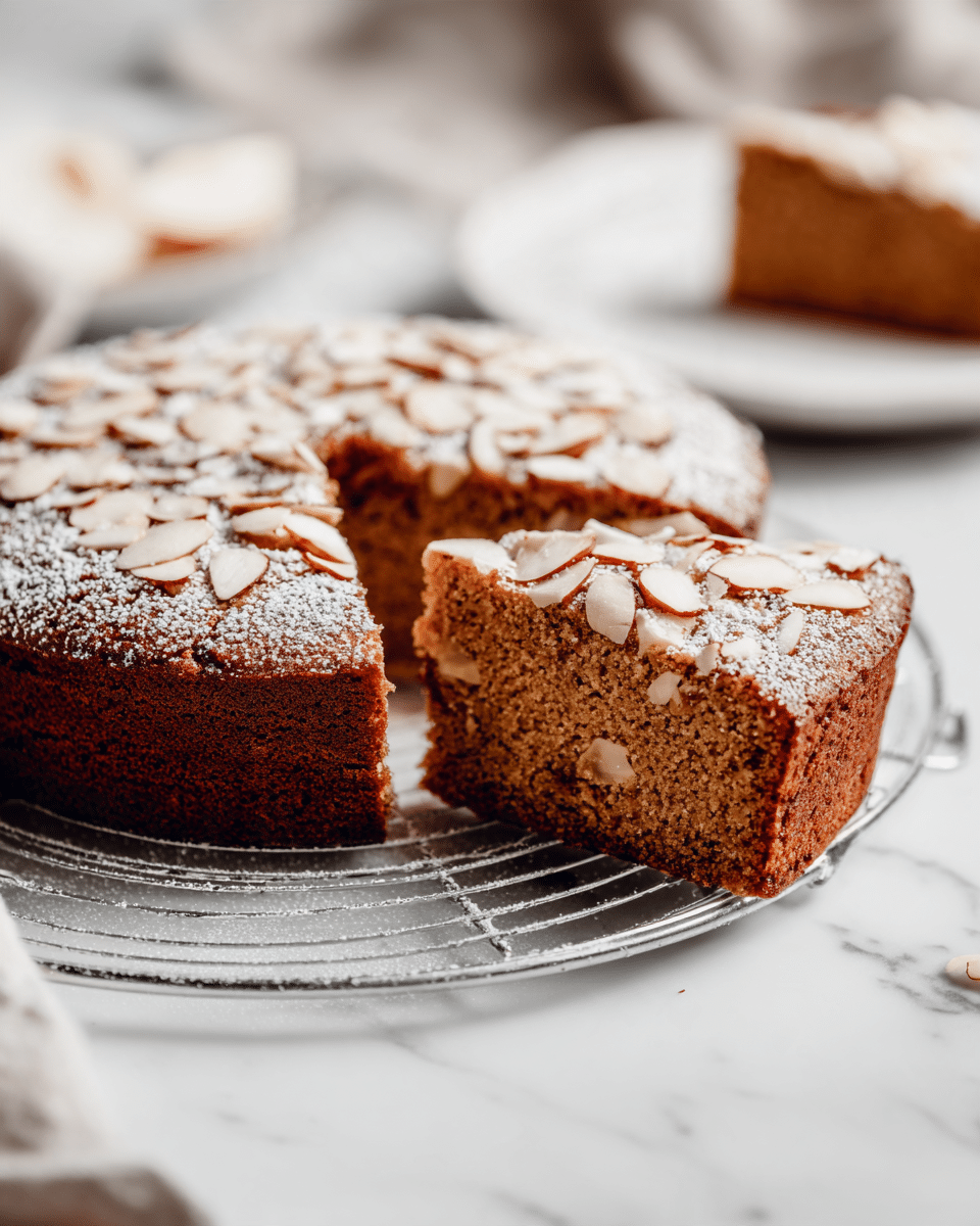 A round, single-layer brown cake is shown with a slice cut out and placed on a white cooling rack on a white marbled surface. The cake has a textured top sprinkled with powdered sugar and some sliced almonds. The inside of the cake is moist with small chunks of light-colored nuts or fruit scattered throughout. In the background, there is a blurred white plate with a slice of the cake, and some apple slices are visible on the white marbled surface nearby. The overall look is warm and inviting, with soft lighting adding a cozy feel. Photo taken with an iphone --ar 4:5 --v 7