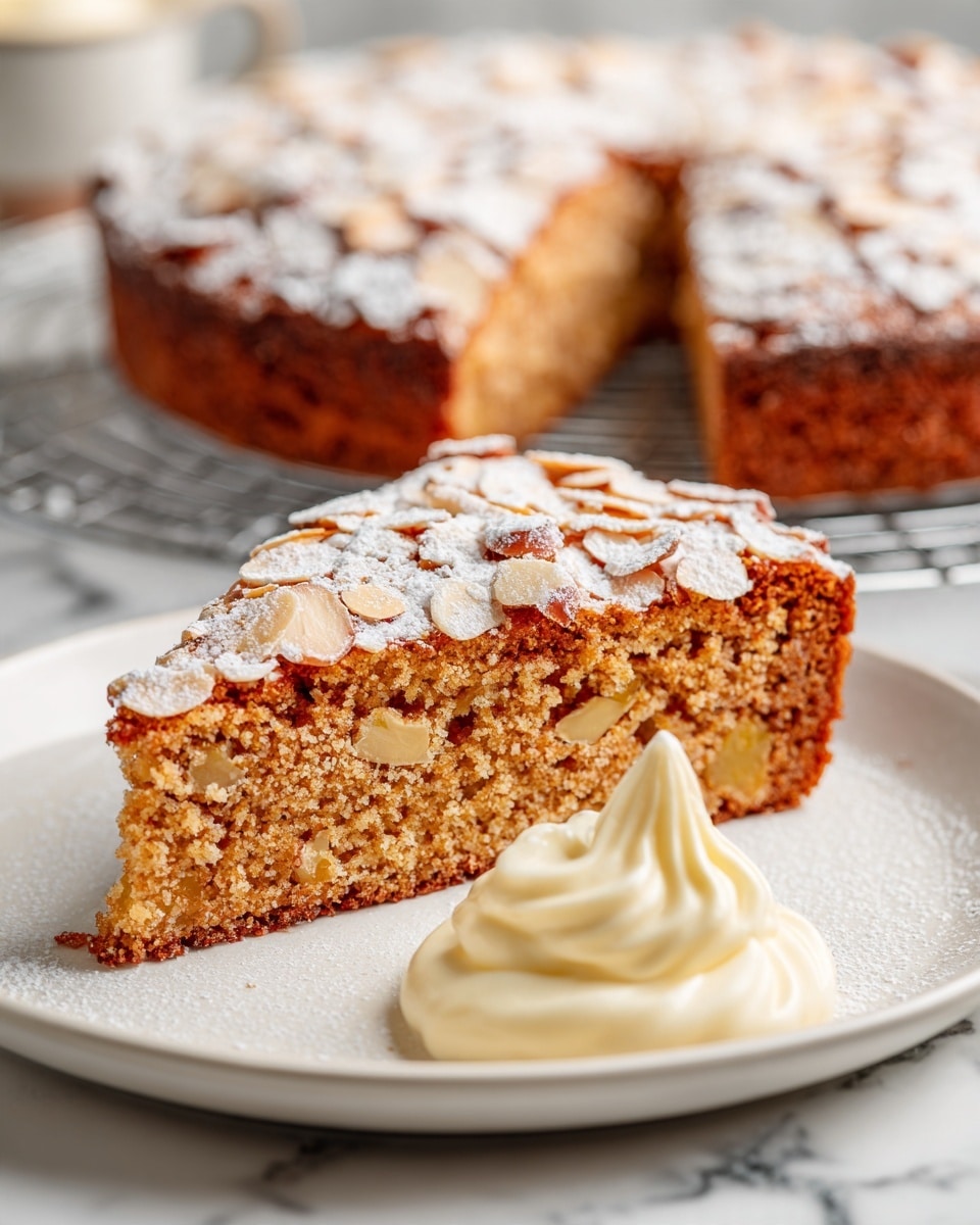 A slice of brown cake with a crumbly texture sits on a white plate, showing small golden chunks inside the cake, possibly fruit or nuts. The top layer is covered with thin almond flakes and a dusting of white powdered sugar. Next to the cake on the plate is a swirl of pale yellow cream. The background shows the rest of the cake, slightly out of focus, placed on a cooling rack on a white marbled surface. Photo taken with an iphone --ar 4:5 --v 7