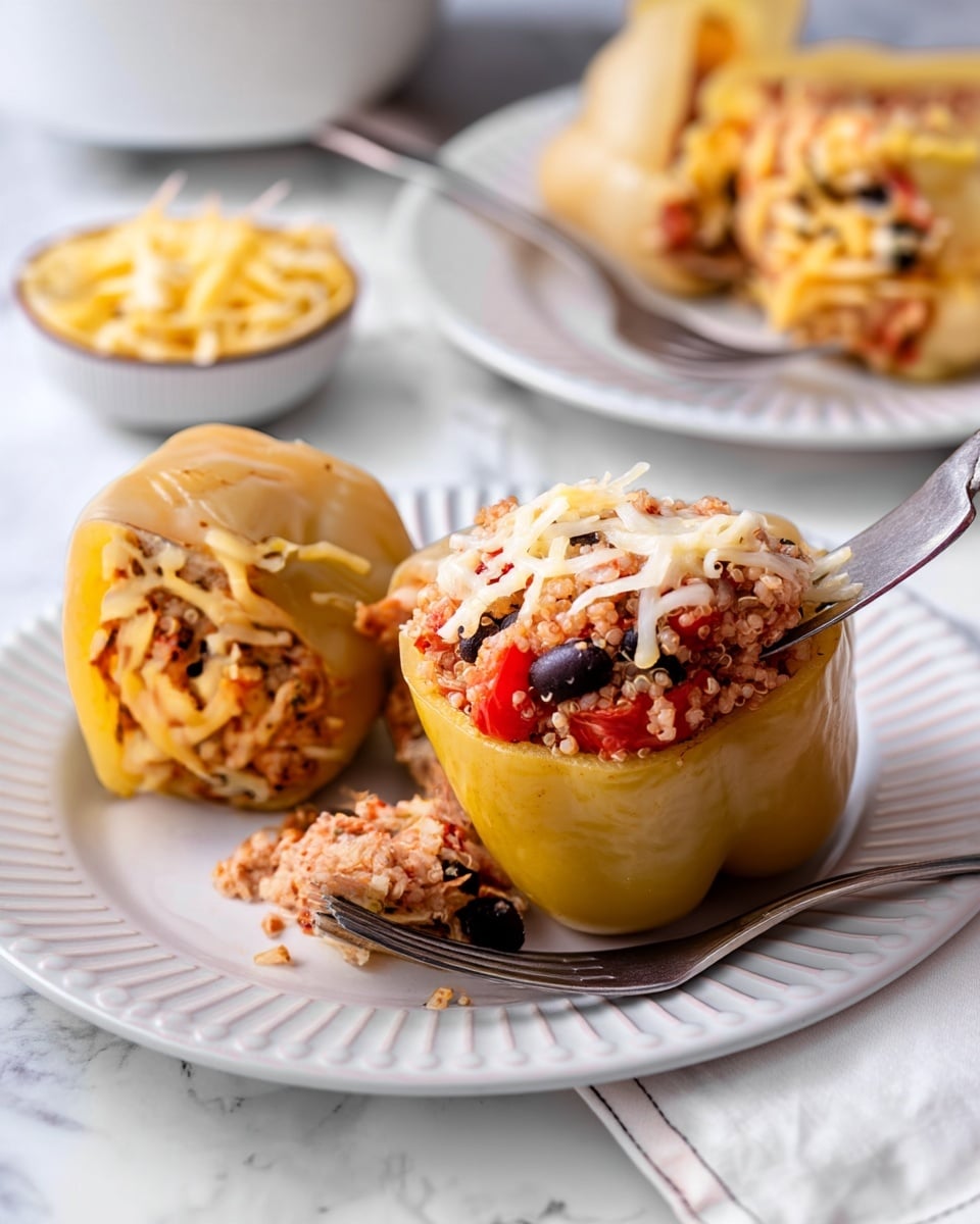 The image shows two stuffed bell peppers on a white plate with a ridged edge, placed on a white marbled surface. Each pepper is pale yellow, cut in half to display a dense filling made of quinoa, black beans, and small red tomato pieces. One pepper half is topped with melted shredded cheese, and a fork holds a portion of the filling in the front. In the blurred background, another white plate holds more stuffed pepper halves, and there is also a small white bowl filled with shredded cheese. photo taken with an iphone --ar 4:5 --v 7