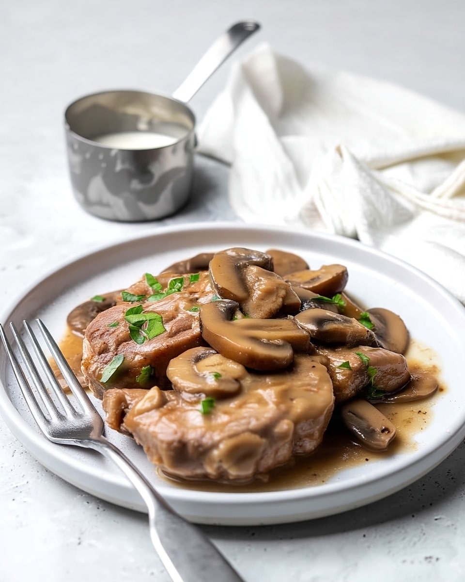 A white round plate holds two medium-thick slices of brown meat covered in a light brown creamy mushroom sauce with several light to dark brown sliced mushrooms spread evenly over and around the meat. The dish is topped with small pieces of green herbs for color. A silver fork lies diagonally on the left side of the plate. In the background, a small metal container filled with white sauce and a white cloth are placed on a white marbled surface. photo taken with an iphone --ar 4:5 --v 7