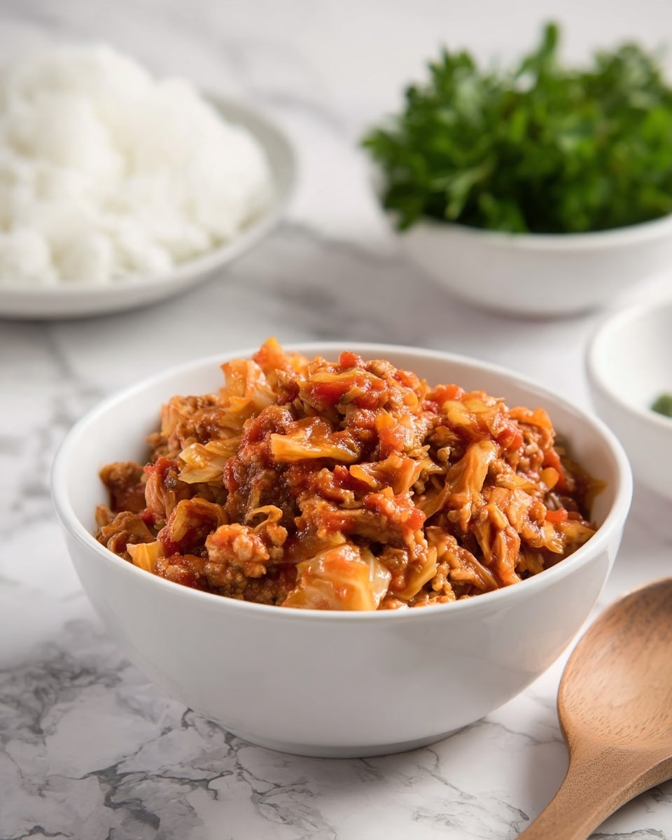 A white bowl filled with a single layer of cooked ground meat mixed with soft, chunky pieces of cabbage in a reddish-brown sauce sits on a white marbled surface. The meat and cabbage mix has a moist texture, with visible small chunks of tomato or sauce coating the ingredients. In the background, there are two blurred white bowls, one containing white rice and the other filled with green leafy herbs. A wooden spoon is placed next to the bowl on the white marbled surface. photo taken with an iphone --ar 4:5 --v 7