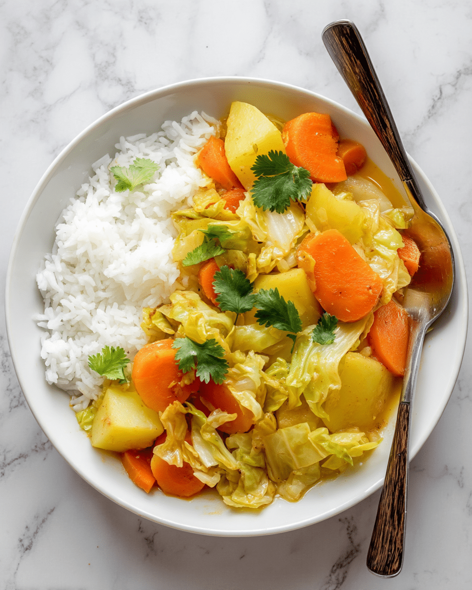 A white bowl holds a meal divided into two main parts: on the right side is a fluffy pile of white rice with a soft texture, and on the left is a cooked vegetable mix layering yellow potatoes, orange carrot slices, and light green cabbage pieces. The vegetables have a slightly glossy look from the sauce, with small green cilantro leaves scattered on top. A silver spoon with a dark wooden handle rests on the top right edge of the bowl, touching both rice and vegetables. The bowl is set on a white marbled surface. Photo taken with an iphone --ar 4:5 --v 7