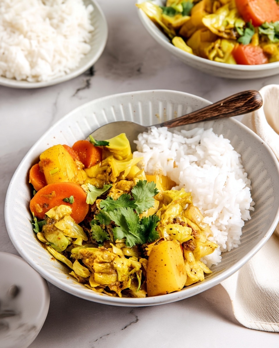 A white bowl is filled with two layers: on the left side, a mix of cooked vegetables including bright orange carrot chunks, yellow potato pieces, and light green cabbage, all coated in a yellow curry sauce with specks of spices and topped with fresh green cilantro leaves; on the right side, fluffy white rice with a soft texture. A wooden-handled spoon rests inside the bowl on top of the rice. In the background, more white bowls with rice and the vegetable curry are visible against a white marbled surface, and a beige cloth napkin is partially seen to the right. Photo taken with an iphone --ar 4:5 --v 7