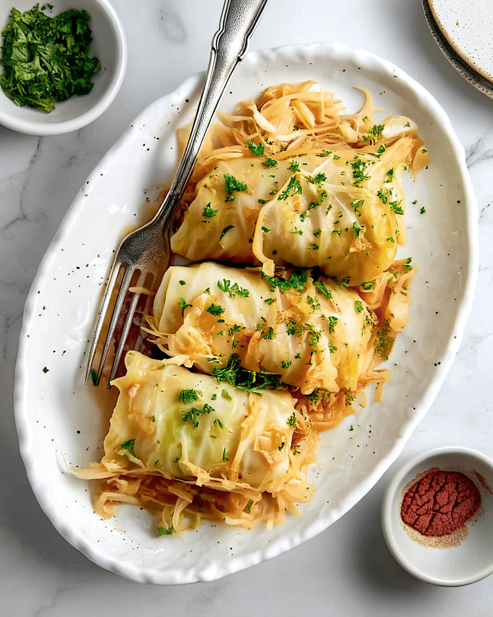 Three light yellow cabbage rolls are arranged in a row on a white speckled oval plate. The cabbage rolls are on a bed of soft, shredded pale orange sauerkraut, with some pieces scattered on top. The rolls are sprinkled with small bits of fresh green parsley. A silver fork rests on the left side, partly under the top cabbage roll. The plate is set on a white marbled surface, with a small white bowl holding chopped green herbs partially visible at the top left and a small white bowl with reddish powder at the bottom right. photo taken with an iphone --ar 4:5 --v 7