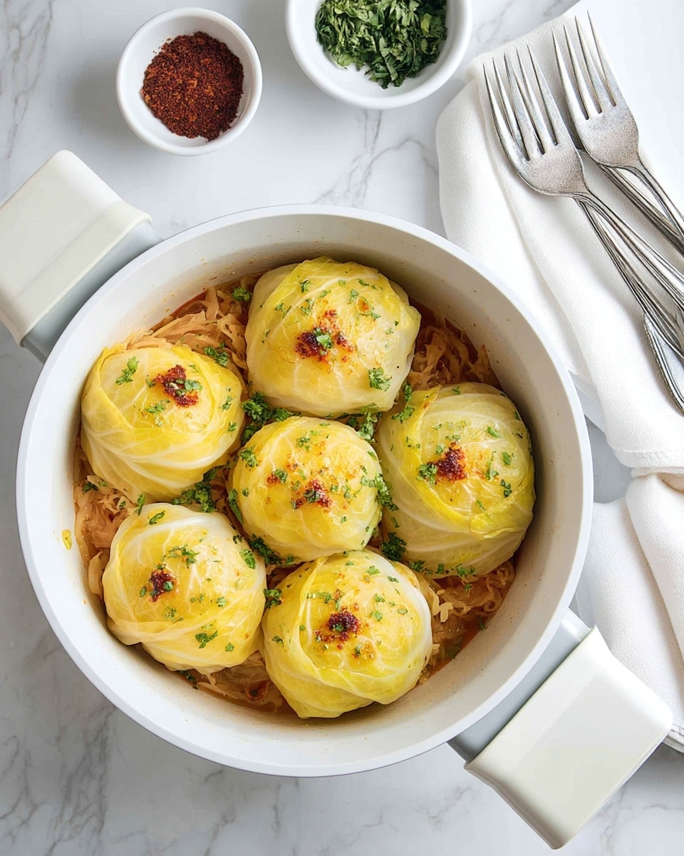 A round white pot holds six light yellow cabbage rolls arranged closely in two rows, partially covered with shredded cooked cabbage mixed with a reddish-brown sauce. The cabbage rolls are smooth with light seasoning specks and garnished with small bits of green herbs scattered on top. Around the pot are white plates with silver forks on a white towel, and small white bowls containing chopped green herbs and a reddish spice powder. The background is a white marbled texture. photo taken with an iphone --ar 4:5 --v 7