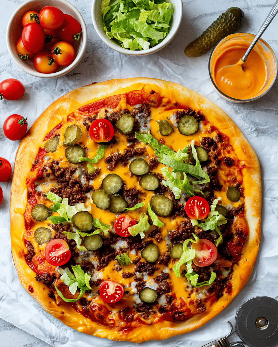 A round pizza with a golden-brown crust sits on a white marbled texture. The first layer is a red tomato sauce spread evenly. On top of that is melted cheddar cheese, vibrant yellow-orange in color. There is a thick layer of browned, crumbled ground beef scattered widely. Thin slices of green pickles are spread throughout the pizza. Small pieces of fresh, shredded green lettuce are placed as a loose top layer. Halved red cherry tomatoes are spread evenly, adding bright red spots on the pizza. Around the pizza, there are two small white bowls, one filled with whole cherry tomatoes and the other with green shredded lettuce, two whole pickles on the surface, a small glass cup of orange sauce with a spoon inside, and a metal pizza cutter with a silver handle. Photo taken with an iphone --ar 4:5 --v 7