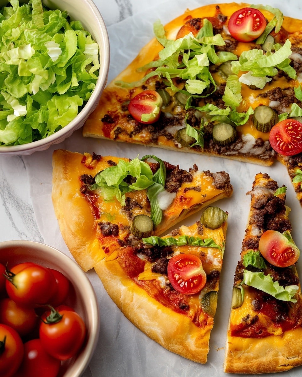 A pizza cut into five triangular slices sits on a white marbled surface. The crust is thick and golden brown. The first layer is a reddish-orange tomato sauce spread evenly below a layer of melted yellow cheddar cheese. On top of the cheese, there are small pieces of browned ground beef, thin green strips of lettuce, crisp pale green pickle slices, and halved bright red cherry tomatoes. The cheese has a slightly melted, bubbly texture. Next to the pizza, there are white bowls, one filled with leafy green lettuce and the other with whole red cherry tomatoes. Photo taken with an iphone --ar 4:5 --v 7