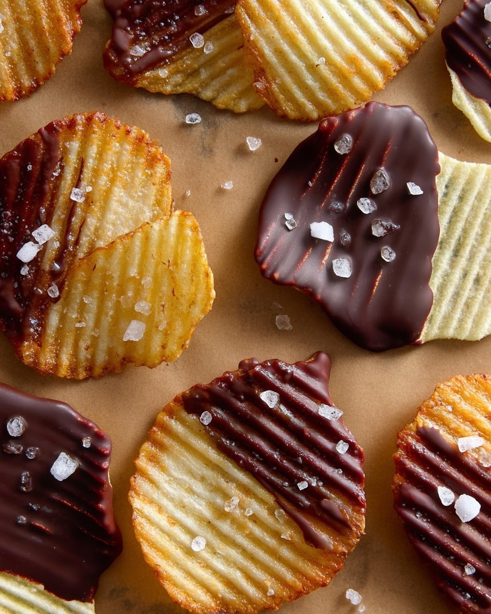 The image shows several ridged potato chips, each half-covered with a shiny dark brown chocolate layer that has a smooth texture and slight ridges matching the chips underneath. The chocolate-covered parts are sprinkled lightly with coarse sea salt crystals that add a rough, sparkling white contrast. The chips rest on a flat sheet of light brown parchment paper, showing a simple and rustic setting. The chips vary in shape and size, some more rounded and others irregular, with a clear division between the pale yellow ridged potato side and the glossy dark chocolate side. photo taken with an iphone --ar 4:5 --v 7