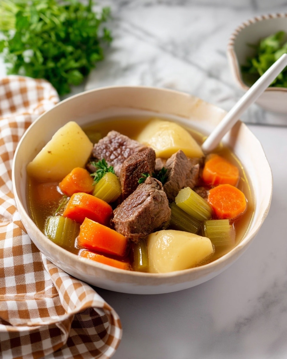 A white bowl filled with a beef stew showing three main layers: the bottom is a clear, light brown broth, the middle layer has chunks of bright orange carrots and light green celly sticks, and on top are large pieces of tender, dark brown cooked beef and pale yellow potatoes. A white spoon rests inside the bowl on the right side. The bowl sits on a surface with a white marbled texture, with a brown and white checkered cloth partially visible on the left. In the background, some green herbs and a white container can be seen blurred. Photo taken with an iphone --ar 4:5 --v 7