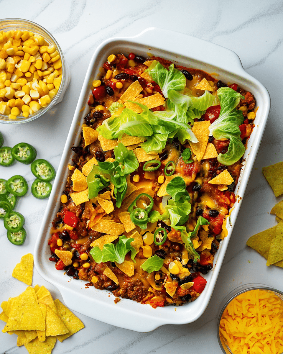 The dish is a baked casserole in a white rectangular ceramic dish, showing about four visible layers. The bottom layer appears to be a mix of cooked black beans, corn, and diced red peppers in a rich, reddish-brown sauce. Above this is a layer of melted golden-yellow cheese blended into the beans and vegetables. The top layer has broken yellow corn tortilla chips scattered unevenly, adding a crunchy texture. Fresh, light green lettuce leaves and slices of green jalapeño peppers are spread on the surface, adding brightness and a fresh touch to the dish. The white marbled background holds small bowls with loose yellow corn kernels, shredded yellow cheese, and triangular yellow tortilla chips arranged nearby. photo taken with an iphone --ar 4:5 --v 7