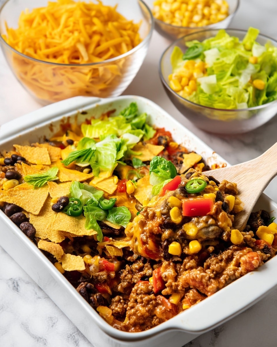 A white rectangular dish filled with a layered casserole where the bottom layer consists of cooked ground meat mixed with black beans, corn, and red bell pepper pieces covered by melted yellow cheddar cheese; on top there are crushed yellow tortilla chips scattered evenly along with chopped green lettuce and sliced green jalapeños adding fresh color; a wooden spoon is scooping a portion revealing the colorful mix of ingredients underneath. In the foreground there are two clear bowls, one with shredded yellow cheddar cheese and another with corn kernels, all placed on a white marbled surface. Photo taken with an iphone --ar 4:5 --v 7