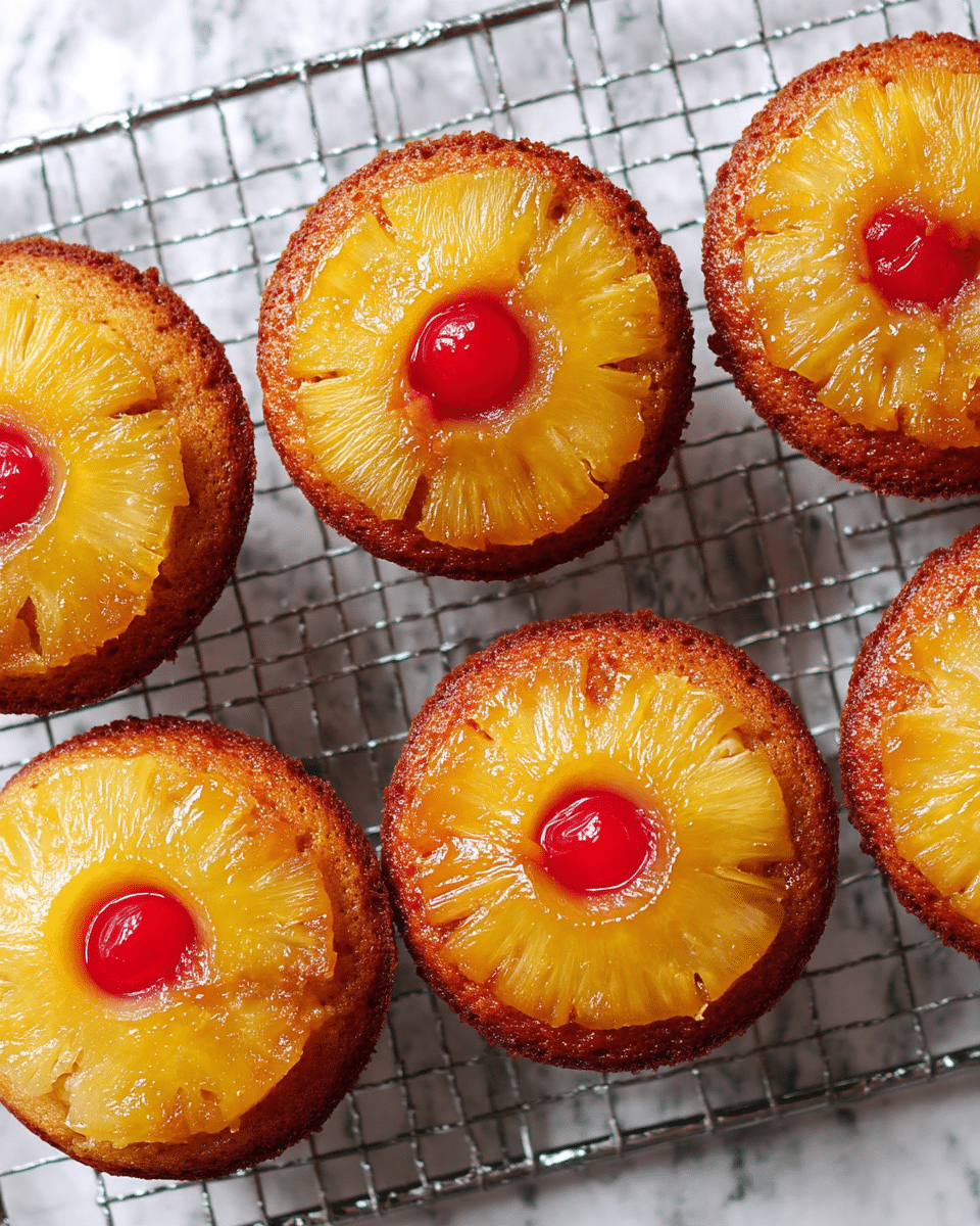Six pineapple upside-down cupcakes are shown from above on a cooling rack with a white marbled texture underneath. Each cupcake has two visible layers: the bottom layer is a golden brown cake with a slightly rough texture, and on top lies a shiny, translucent yellow pineapple ring. In the center of each pineapple ring is a bright red maraschino cherry, glossy and round, standing out against the lighter yellow. The pineapple slices show fibrous details and soft edges, with some slightly caramelized spots. The overall look is warm and inviting, with a fresh, homemade appeal. Photo taken with an iphone --ar 4:5 --v 7